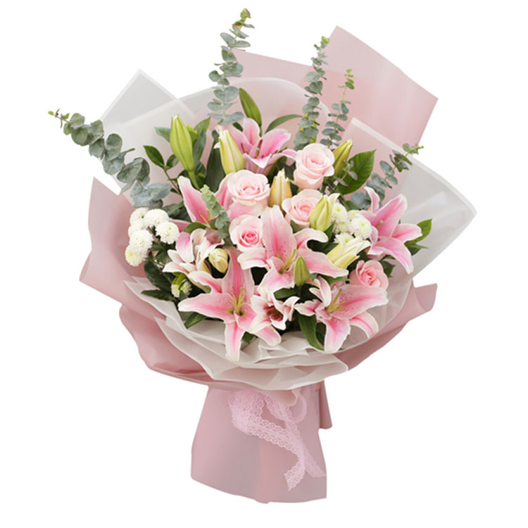 6枝百合，9枝戴安娜粉玫瑰